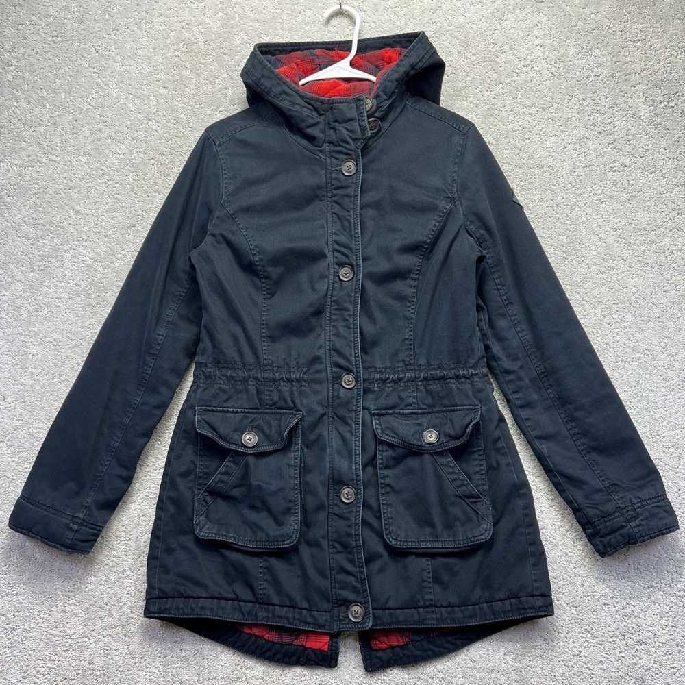 Hollister Field Parka Jacket Womens Medium Black Red Plaid Quilted Lining Hooded